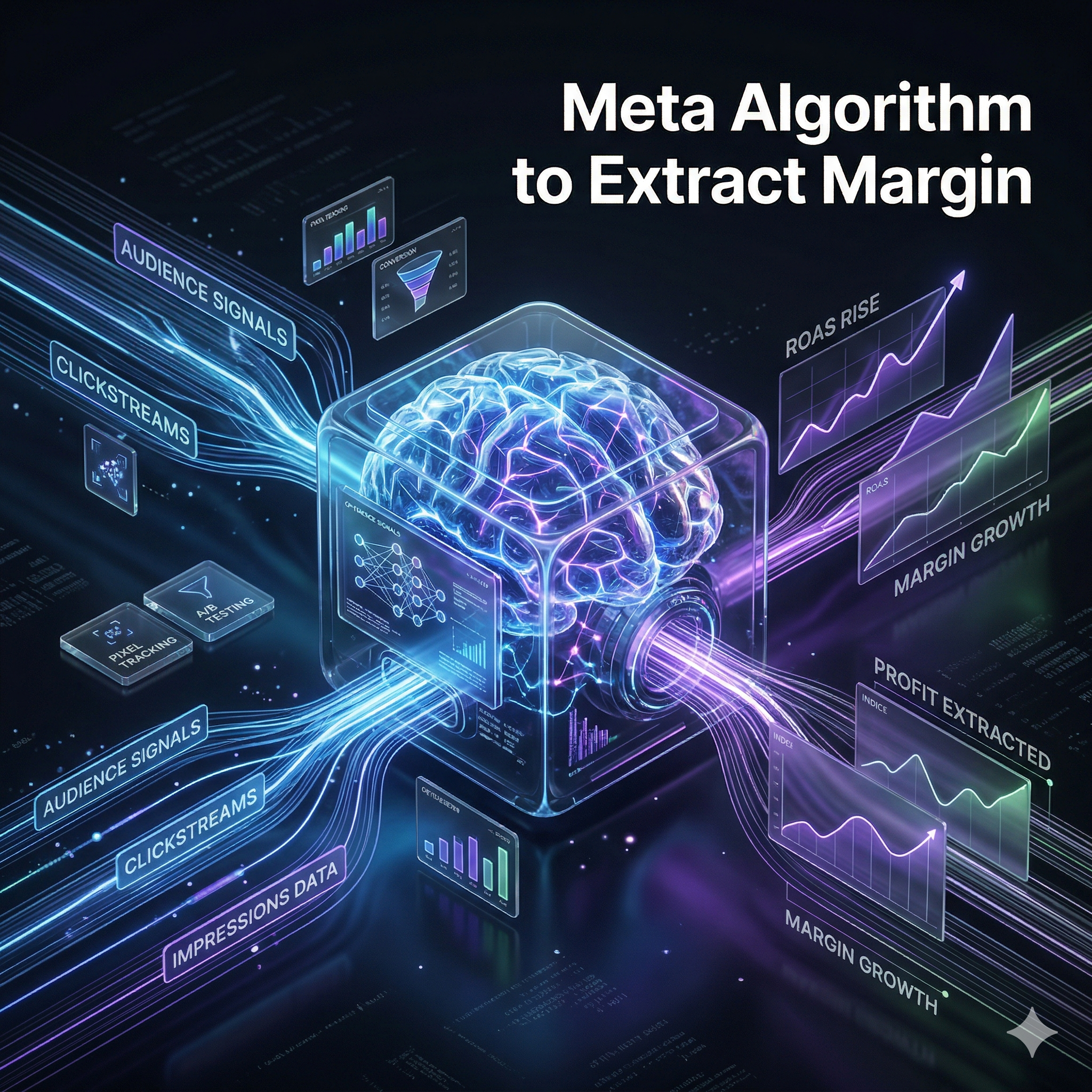Create a square (1:1 ratio) premium website banner with a strong visual hierarchy where 80% is high-end graphics and 20% is minimal text. Concept / Theme: A futuristic visualization of the Meta advertising algorithm extracting profit from data streams. Show an intelligent AI system analyzing user behavior, ad signals, and conversion data, transforming them into revenue and margin growth. Visual Direction: Abstract AI brain or algorithmic core at the center Data streams flowing in (audience signals, clicks, impressions) Clean transformation into profit graphs, rising ROAS curves, and margin indicators Subtle references to paid ads ecosystem (dashboards, pixel tracking, funnels) Avoid clutter—keep it sleek and structured Style: Dark mode, ultra-modern, cinematic lighting Neon accents (electric blue, violet, subtle green for profit signals) Glassmorphism + holographic UI elements Depth, glow, reflections, soft particles Composition: 80%: dynamic AI/data visualization 20%: clean negative space for text (top-right or center-right) Eye flow should move from data → algorithm → profit Text (minimal): “Meta Algorithm to Extract Margin” Bold, modern sans-serif, crisp and high contrast Mood: Elite, analytical, high-performance marketing, precision-driven Quality: Hyper-detailed, 4K feel, sharp, clean, premium finish